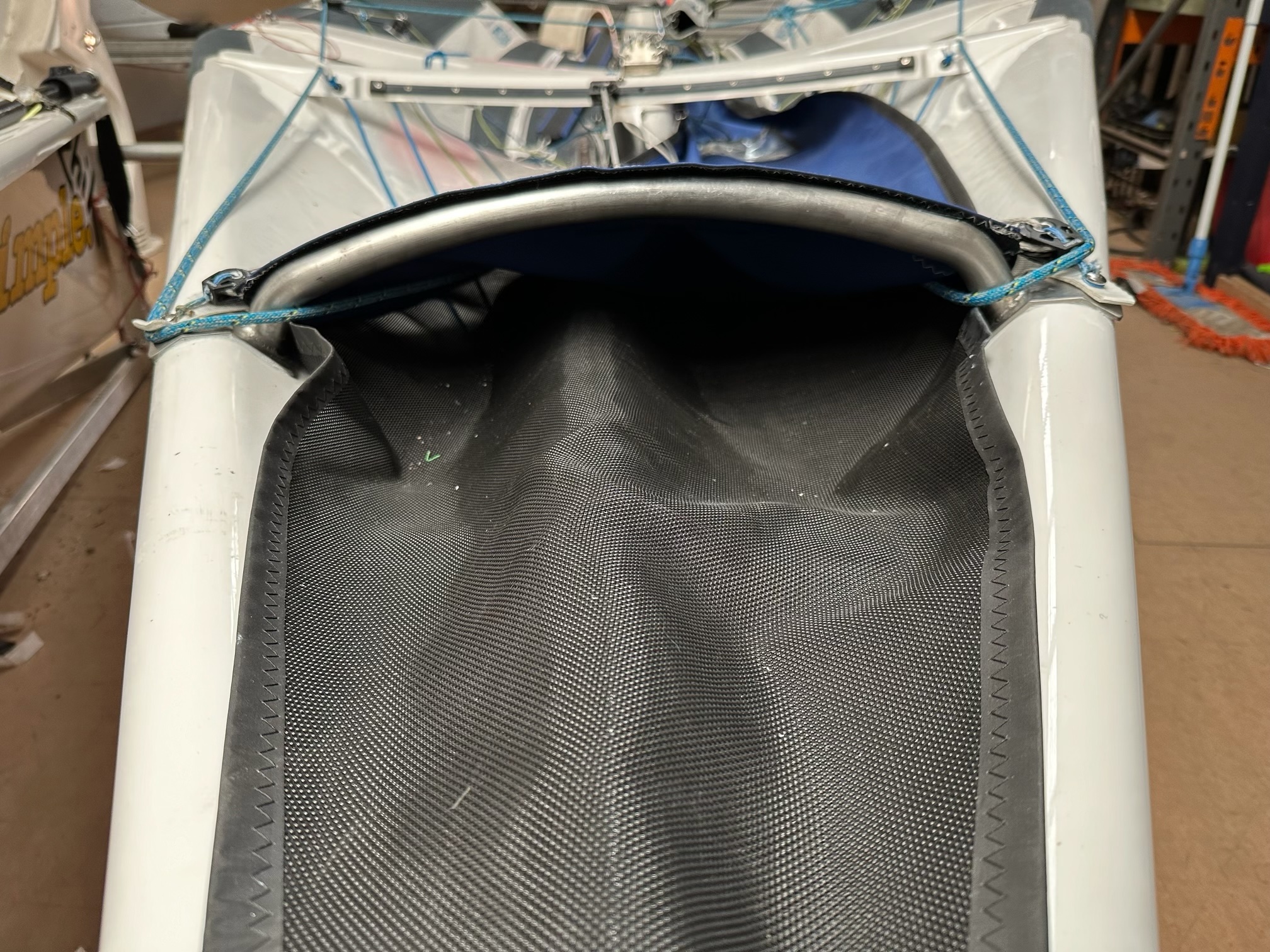 Spinnaker chute bar fitted in the bow of a 13ft skiff